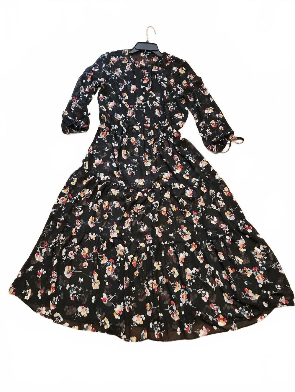 Madewell Size S Black Floral Midi Dress with Sheer Sleeves and Tiered Skirt